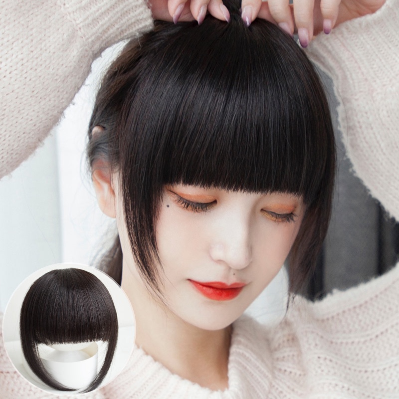 Real Hair Thickened Bangs Front Fringe Hairpiece for Women, Flat Bangs on Top of Head, Fluffy Cartoon Fake Bangs, Sideburns, Fake Hair Fringe
