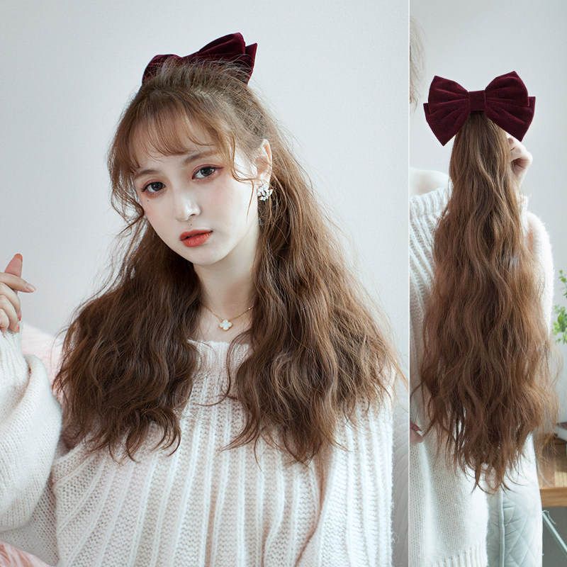 Bow Ponytail wig Roll wool roll Grab clip-on Large wavy long curly hair High Ponytail Wig Female Braids