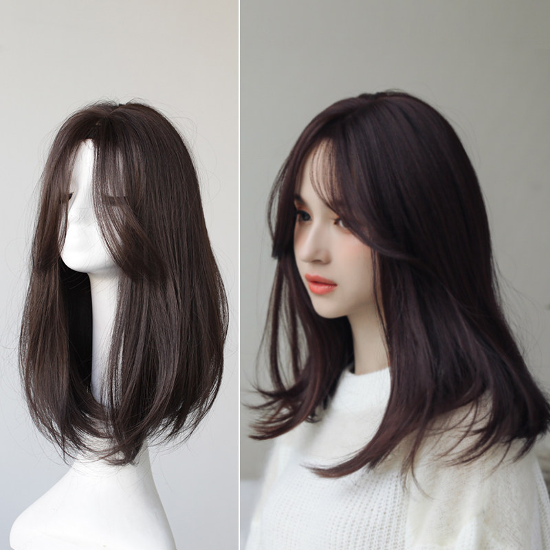 Wig woman split up bone hair eight words and sea mid-length hair pear flower head internal buckle hair type repair face realistic wig cover