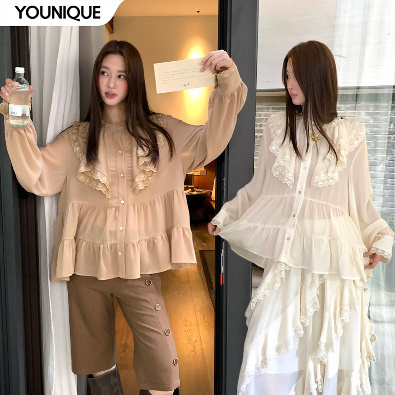 Andanything New Product 26 Autumn and Winter Pearl Chiffon Lace Shirt Long-Sleeved Top for Women Younique Andanything New Product 26 Autumn and Winter Pearl Chiffon Lace Shirt Long-Sleeved Top for Women Younique