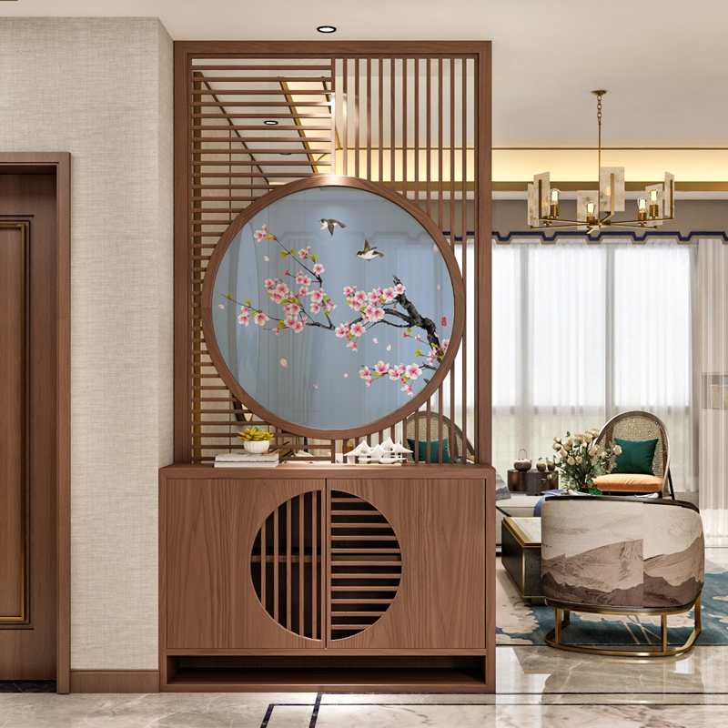 New Chinese style screen partition living room solid wood hollow shoe cabinet integrated into the door to block the entrance porch cabinet grid modern
