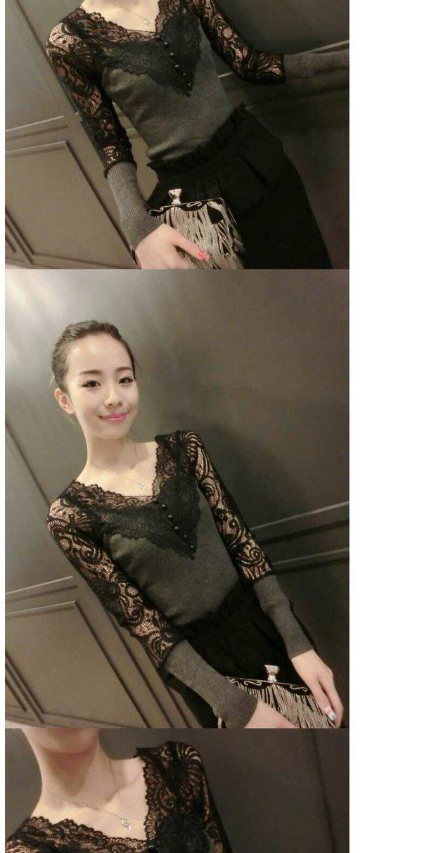 Mùa xuân 2018 mới thu hút áo thun dài tay gợi cảm áo thun nữ cổ chữ V hoang dã ren mỏng chạm đáy áo khoác cardigan nữ