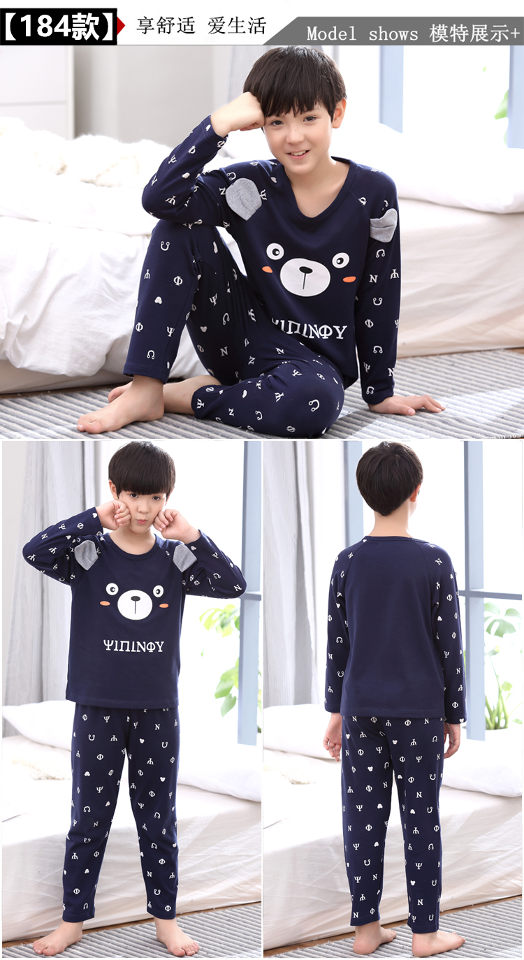 Bộ đồ lót bé trai cotton cộng với phân bón để tăng chất béo cho trẻ em mùa thu quần dài Bộ đồ ngủ bé trai bé lớn pijama lụa cao cấp