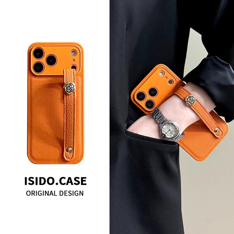 Orange Camellia Wristband Suitable for Apple iPhone Phone Case, New 17Promax High-End Feel, 16 Simple Design