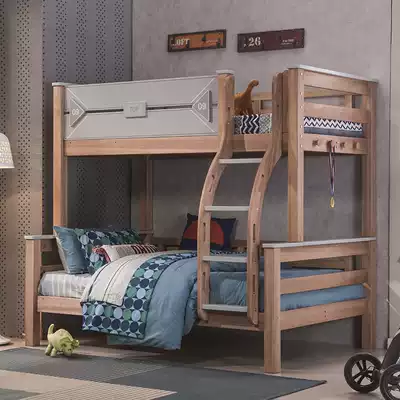 American walnut high and low double bed Solid wood mother and child bed can be split up and down bed Multi-function combination wood wax oil bed