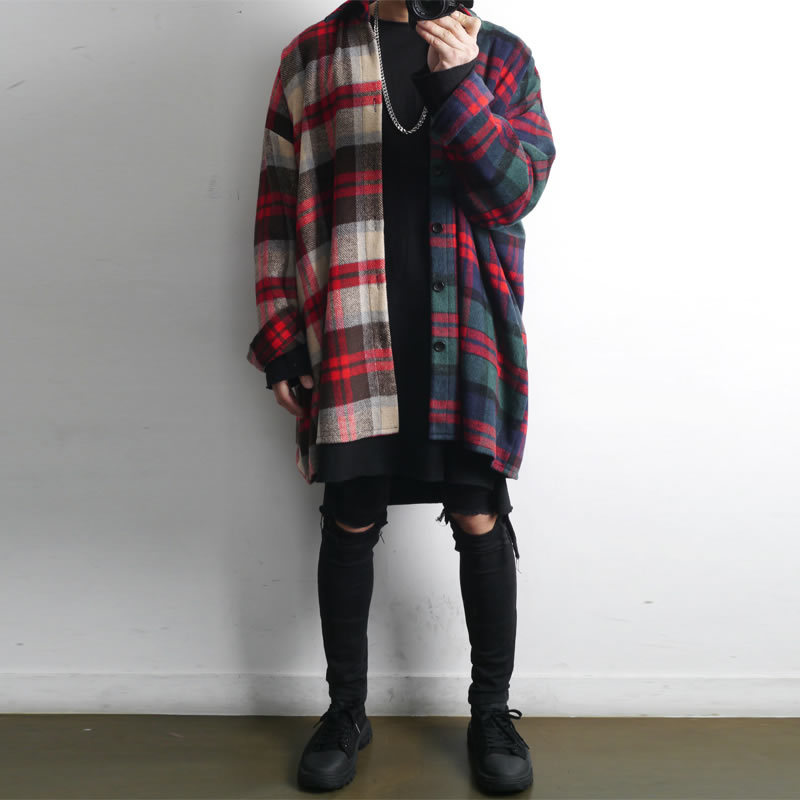 Winter Woolen Shirt for Men, Fleece-Lined, Thickened, Warm, Loose, Casual, Trendy, Patchwork Plaid Jacket, Long-Sleeved for Men