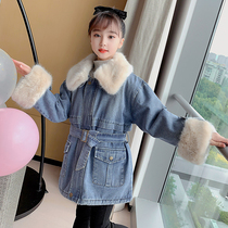 Girl's Parker Clothes 2021 Winter Cotton Coat and Cashmere Denim Coat Foreign-style Children's Warm Thickened Big Wool Collar Cotton Clothes