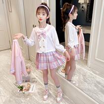 Girls' Spring and Autumn Jk Knitted Cardigan Pullover Dress Genuine Foreign Style Academic Sweater Student Plaid Skirt Set of Three