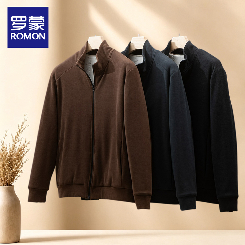 Romon Men's Thickened Stand-Up Collar Zippered Knit Jacket Casual Warm Wool-Filled Jacket with Inner Cotton Lining