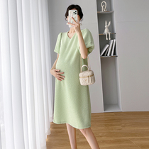 Pregnant Woman Summer Dress Short Sleeve Blouse Blouse Summer Dress New Fashion Bubble Cuff Over Knee Loose Temperament Even Dress Summer