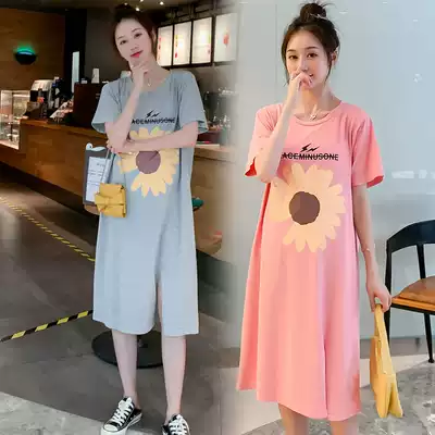 Pregnant women's summer dress big size T-shirt maternity dress summer tide hot mom fashion print loose pregnant women's dress summer