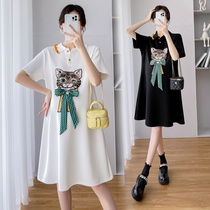 Pregnancy Woman Dress Summer Clothing Short Sleeve Blouses Summer Fashion Cartoon Stickup Easy reduction of age pure cotton one-piece dress Summer style dress