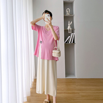 Pregnancy woman dress with summer clothing suit net red fashion with knee loose ice silk cotton hanging band dress with two sets of dress and summer style