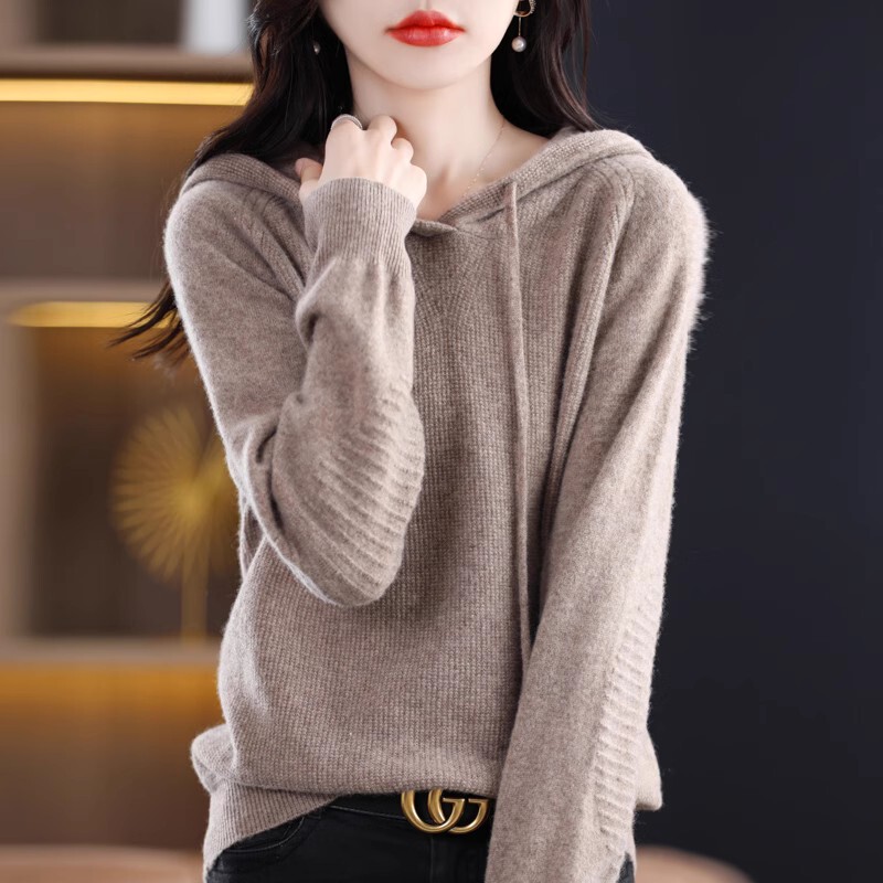 Spring and Autumn Hooded Solid Color Wool Hoodie for Women, New Autumn and Winter Loose Hooded Sweater, Wool Knit Base Sweatshirt