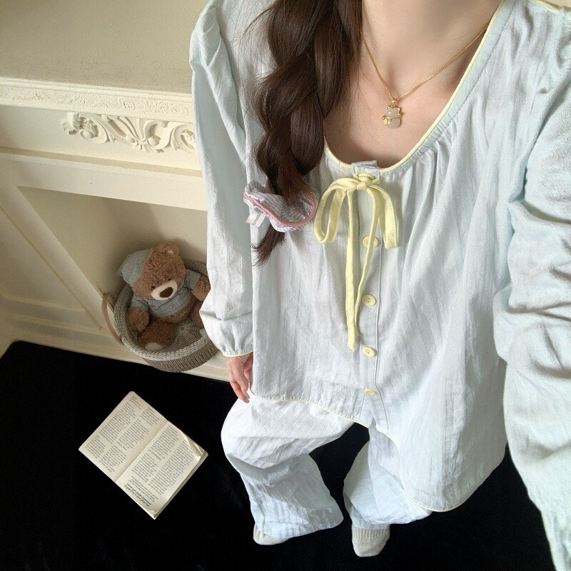 Autumn Japanese-Style Sweet Blue Pure Cotton Pajama Set for Women, Spring and Autumn 2026 New Model, Can Be Worn Outside, Long-Sleeved Loungewear