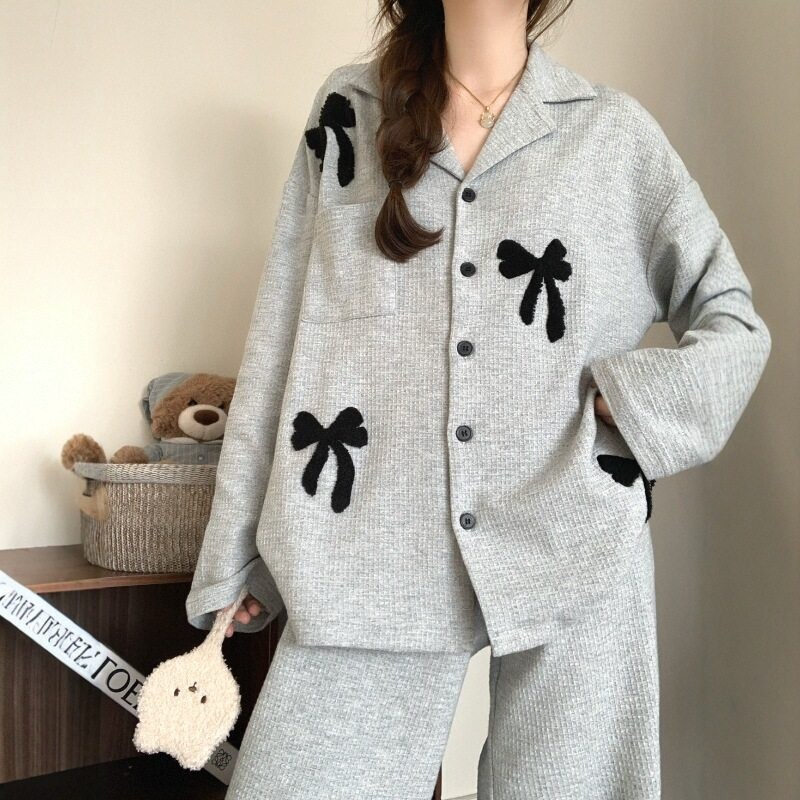 Spring and Autumn ins Gray Bowknot Pure Cotton Pajamas for Women 2026 Spring New Waffle Home Wear Long Sleeve Set