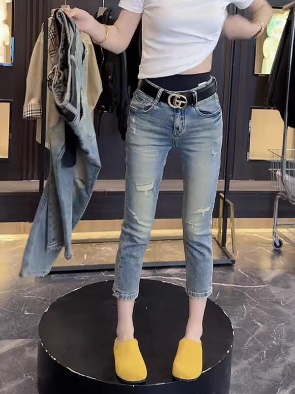 Miss Sonly2026 Summer Ripped Elastic Slimming Cigarette Pants for Petite Figures, High-Waisted Straight-Leg Cropped Jeans