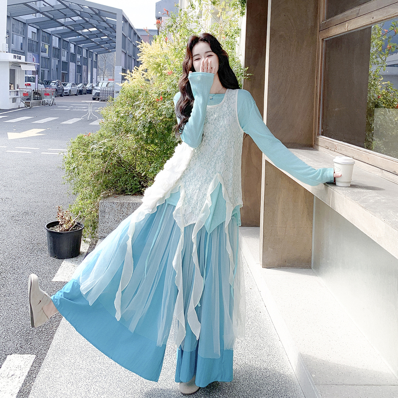 Dopamine Art, Bright Bohemian Lake Blue Suit Culottes, Early Spring, Beautiful Vacation, Yunnan Xinjiang Travel