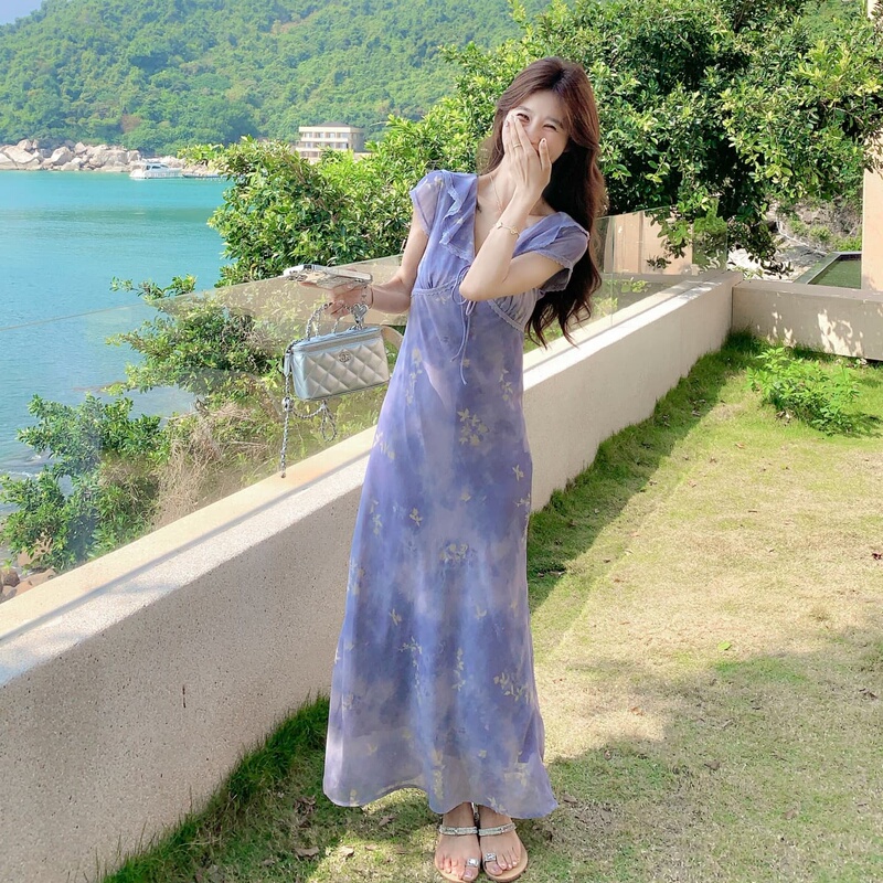 Seaside Tingdal Stunning Purple French V-Neck Ruffled Dress Long Skirt with a High-End Feel Dopamine Yunnan