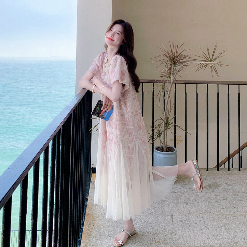 Artistic Bright Dopamine Light Pink Lace Dress for Women with Mesh Patchwork Mid-Length Skirt for Vacation at the Seaside