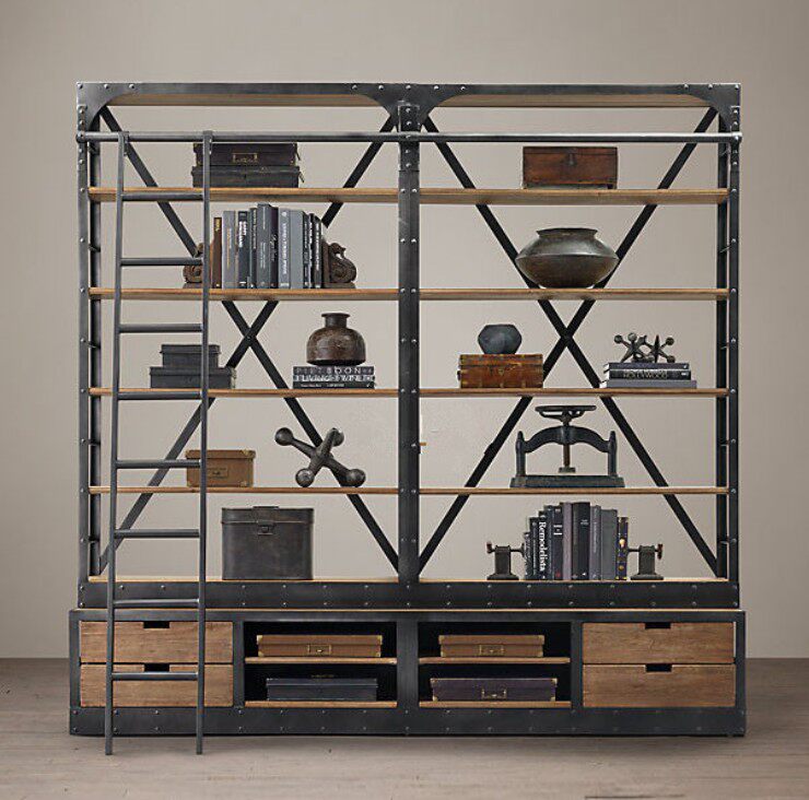 American Industrial Wind Bookshelves Iron Art Solid Wood Shelve With Stairway Creative Full Wall Bookcase Display Shelf Furniture Custom