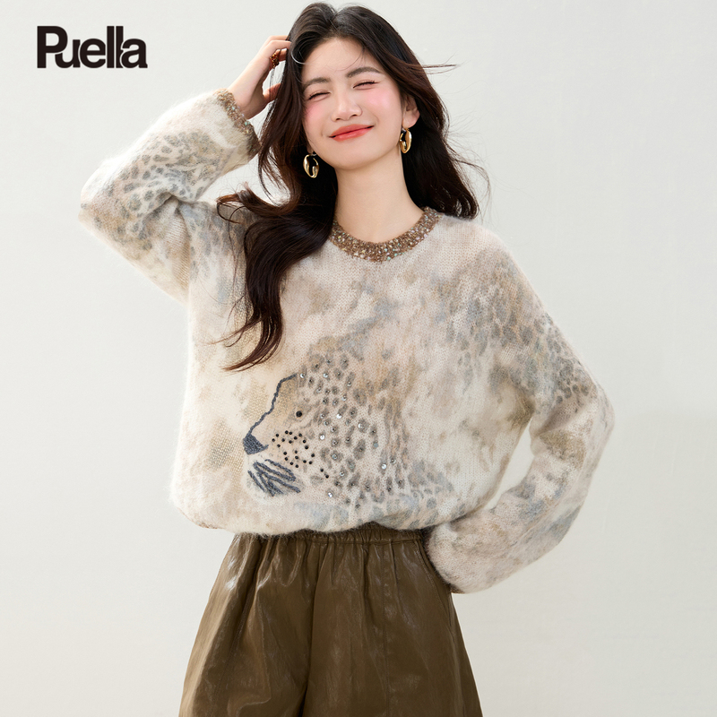 La Chapelle Puella 2026 Autumn Fashion Leopard Print Knit Sweater for Women with Heavy Sequins and Beaded Embellishments