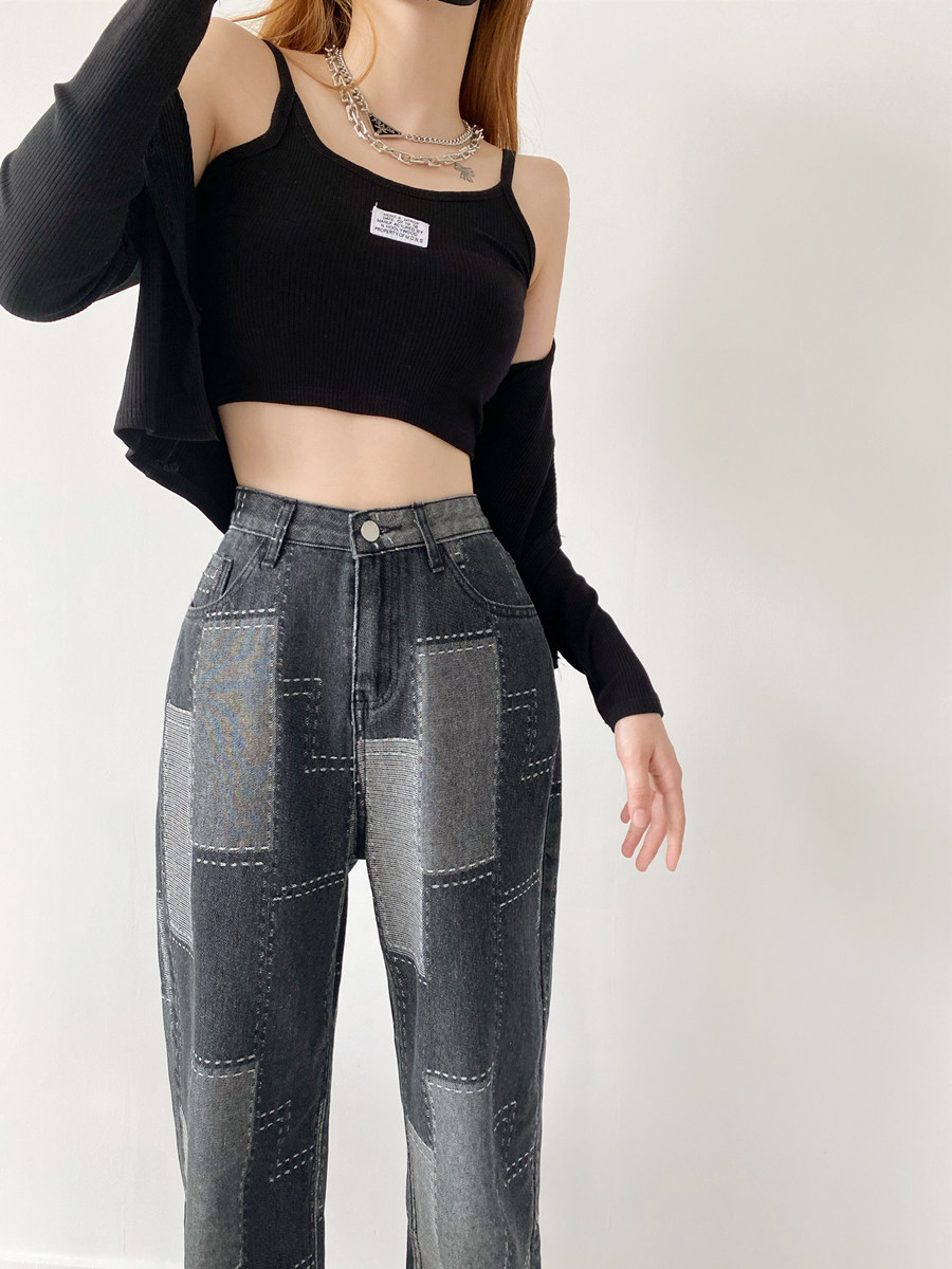 170 color patch patch lengthened wide-leg jeans women 175 tall niche loose new straight-leg mopping pants autumn