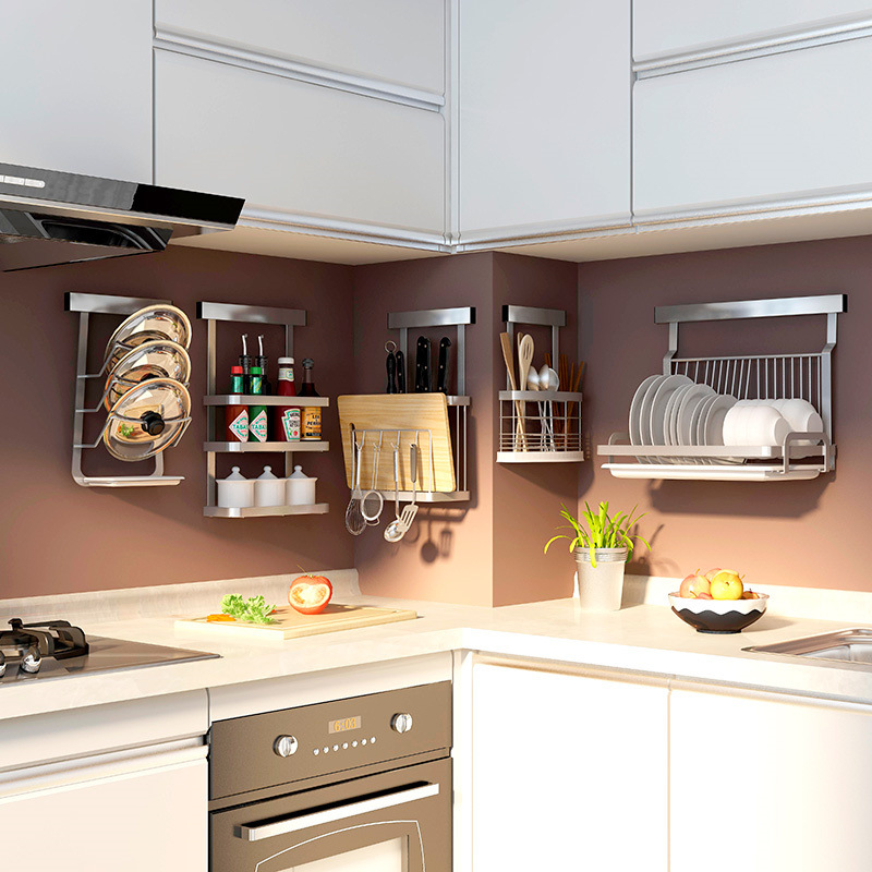 Mặt dây thép không gỉ đấm miễn phí giá bếp treo tường lưu trữ giá lưu trữ giá gia vị giá treo đồ dùng nhà bếp - Phòng bếp hộp đựng gia vị thông minh