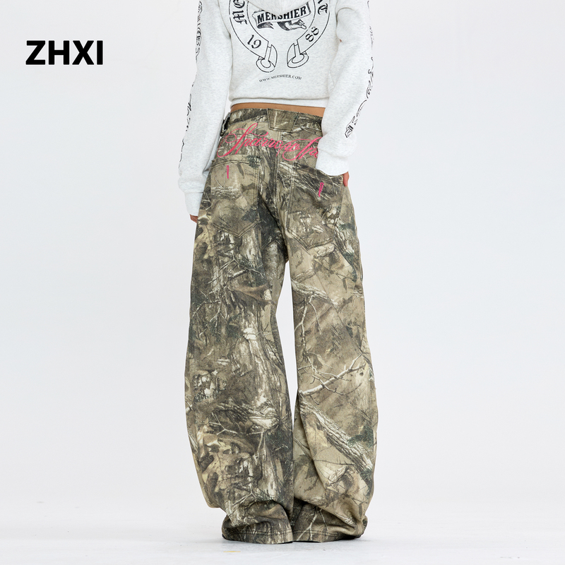 Embroidered Branch Camouflage Pants Trendy Brand Scimitar Loose Print American Retro Unisex Wide-Leg Workwear Casual Pants