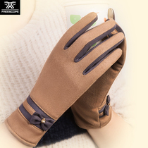 Female Autumn Winter Suede Leather Suede Gloves Touch Screen Warm Thickening Plus Suede Windproof Anti-Chill Riding Drive Fashion All Finger Gloves