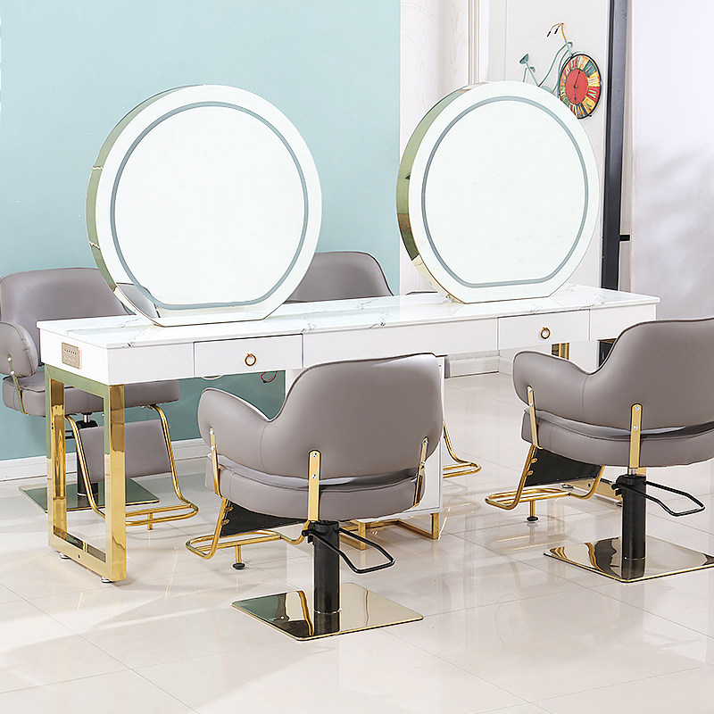 Hairy shop mirror hair shop double-sided hair cutting round mirror simple network red solid wood hot stamping strap lamp