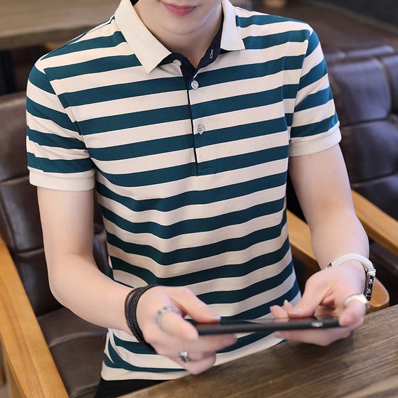 Legend Paul lapel father's short-sleeved T-shirt men's summer casual POLO shirt slim-fitting youth striped cotton top