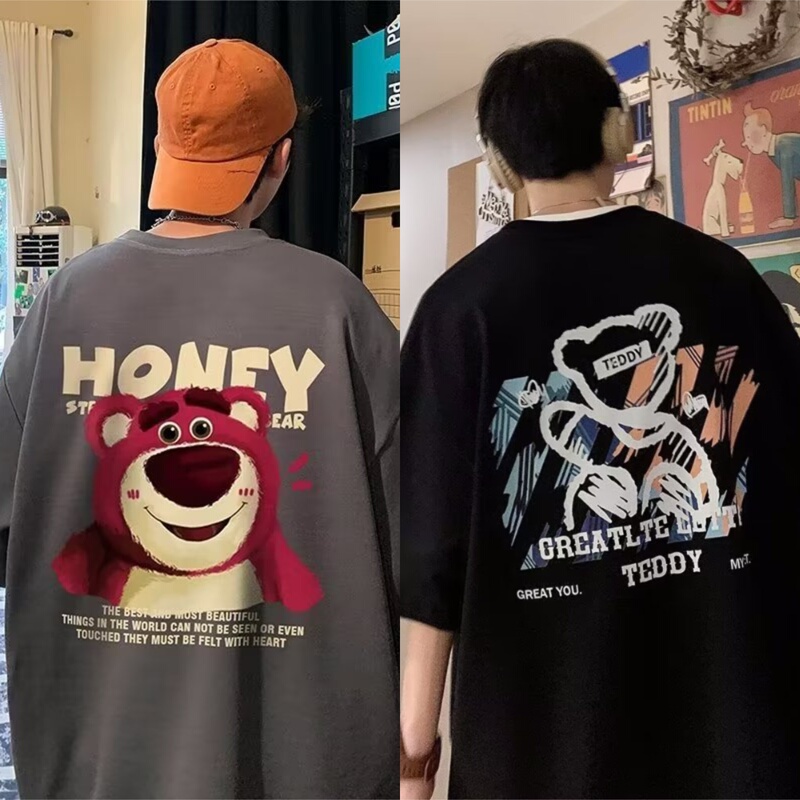 Plus Size Pure Cotton Short-Sleeve T-Shirt for Men, Summer Hong Kong Style, Heavyweight Loose Half-Sleeve Cartoon Print Top, Trendy Plus Size Pure Cotton Short-Sleeve T-Shirt for Men, Summer Hong Kong Style, Heavyweight Loose Half-Sleeve Cartoon Print Top, Trendy