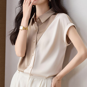 French satin chiffon shirt women's summer new contrast color raglan sleeve shirt design casual thin loose top