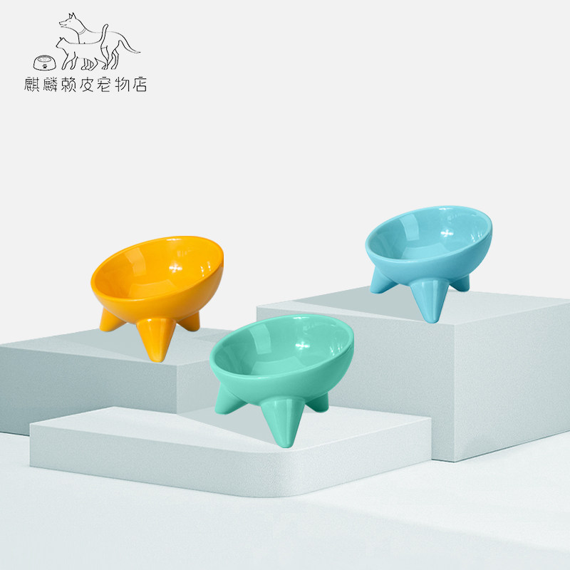 Cat ceramic bowl dog bowl anti-overturning cat food basin high foot protection cervical vertebra oblique mouth drinking bowl pet cat basin supplies