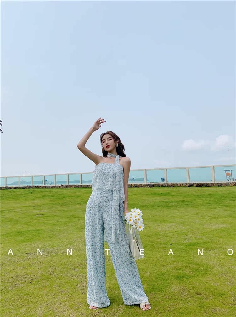 Боди/брюки 【vkbang】正品设计师ann teano 蓝色粉色印花抹胸钻扣飘带连体裤