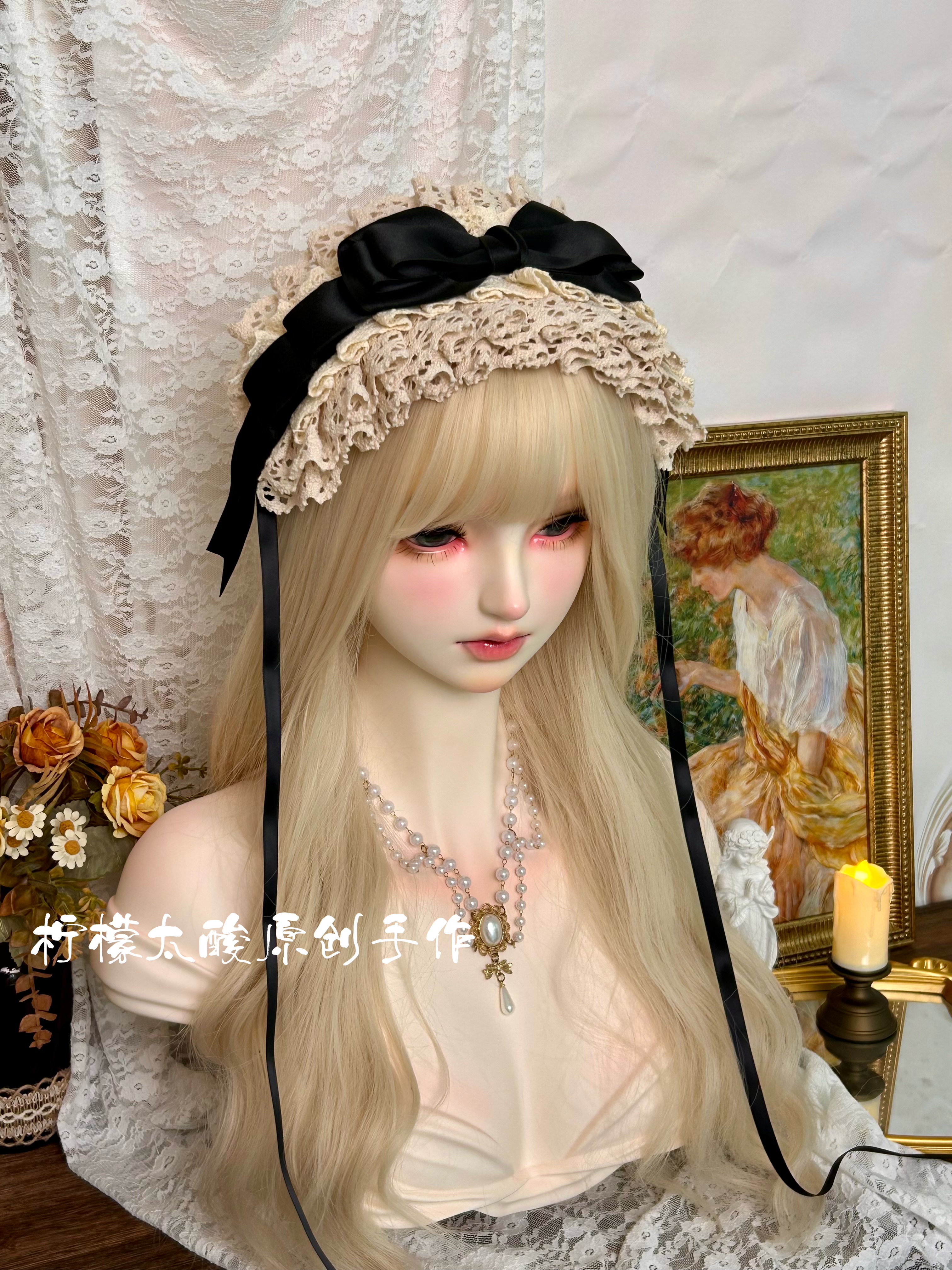 【Amber Heart】Original Lolita Hairband in Black and White with Antique Feel, Versatile and Elegant Bow Lolita Hair Accessory