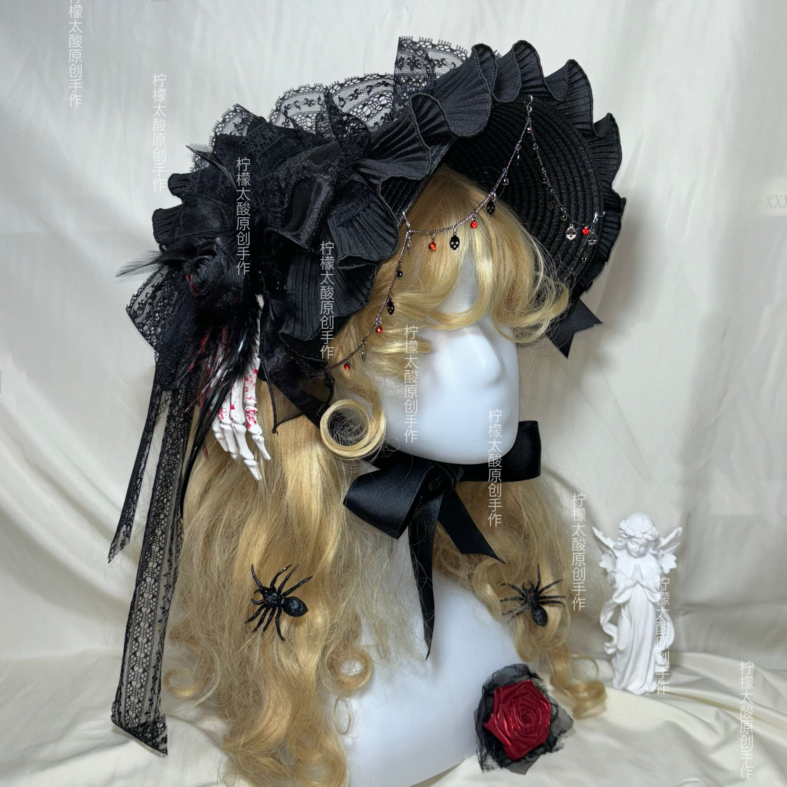 Original Lolita Gorgeous Halloween Dark Gothic Sweet and Cool Skull bnt Bonnet Lolita Flat Hat