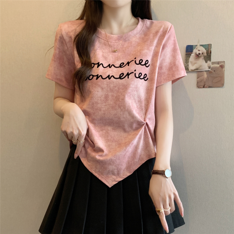 Irregular Letter Tie-Dye Design, Regular Shoulder Short-Sleeve T-Shirt for Women, Summer Plus-Size Women's Clothing, Tummy-Covering and Slimming Top