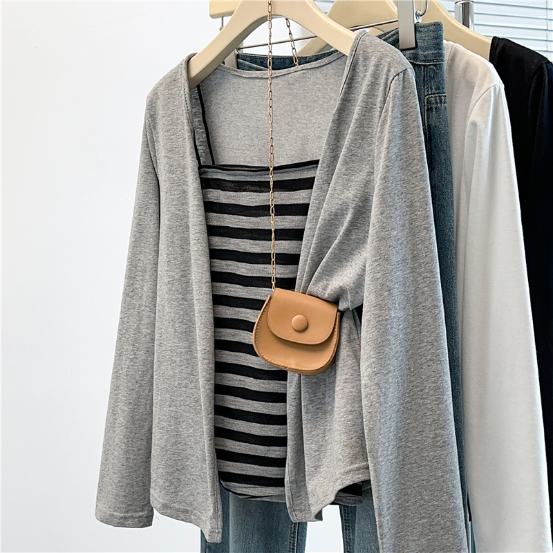 Plus-Size Casual Striped Camisole Cardigan Two-Piece Set for Women, Autumn, Slimming and Thin Top for Curvy Women