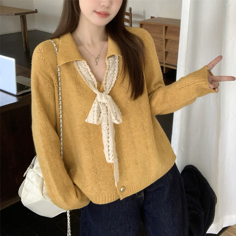 Bow-Tie Knitted Cardigan Sweater Jacket for Women, Spring and Autumn, Plus Size Women's Clothing, Slimming and Tummy-Covering Top for Women