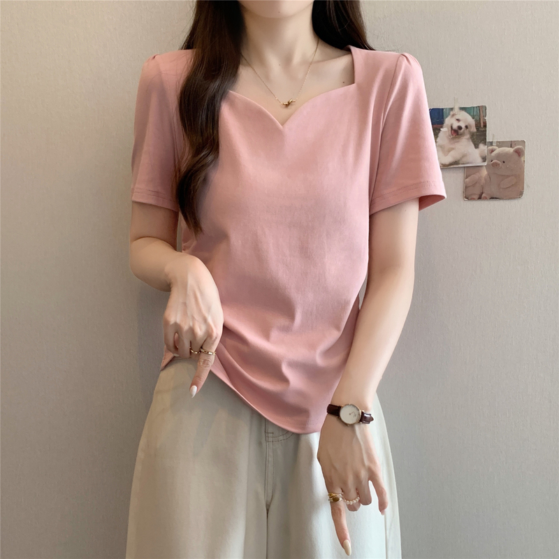 Right-Shoulder Short-Sleeve T-Shirt for Women, Summer Plus-Size Women's Clothing, Simple Square Neck, Revealing Collarbone, Loose Fit, Slimming, Tummy-Covering V-Neck Top