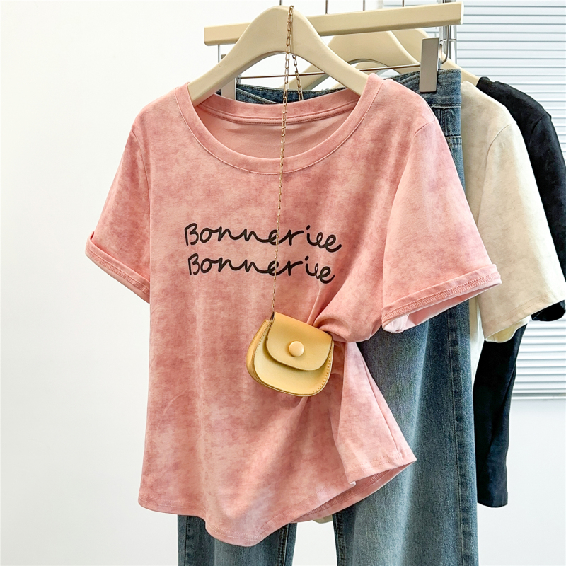 Asymmetrical Short-Sleeve T-Shirt for Women, Summer Plus Size, Loose Tie-Dye Letter Print, Slimming and Tummy-Covering Top