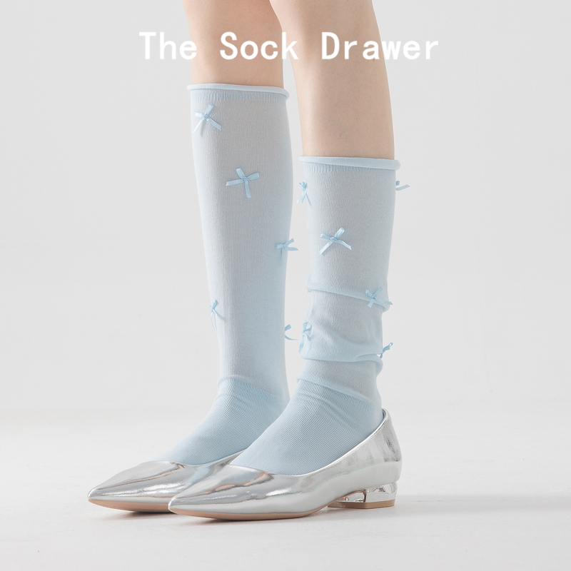 Blue Bow Calf Socks for Women, Summer Thin Lolita Sweet Long Socks, Pure Cotton Rolled Edge Slouch Socks