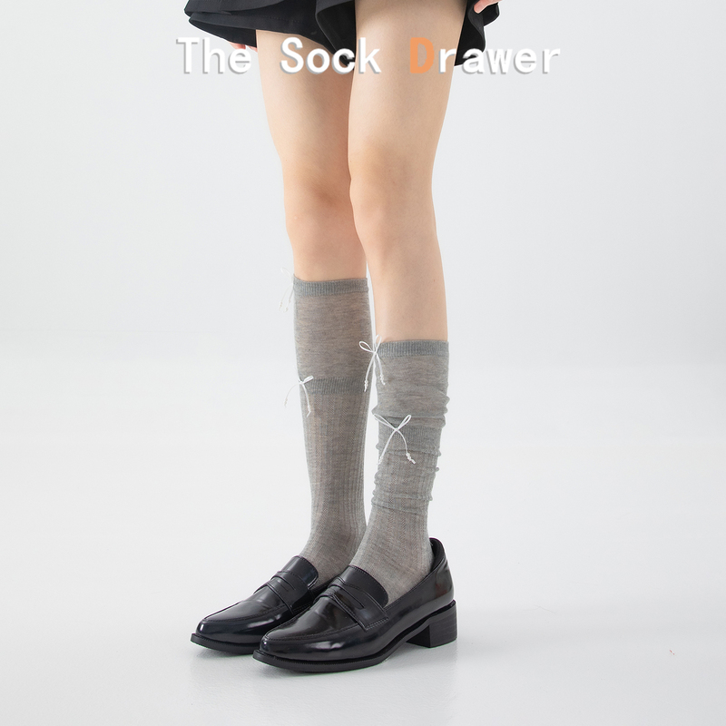 Summer Thin Gray Mesh Lace-Up Bow Calf Socks for Women, Japanese Jk Style Breathable Mesh Long Socks Summer Thin Gray Mesh Lace-Up Bow Calf Socks for Women, Japanese Jk Style Breathable Mesh Long Socks