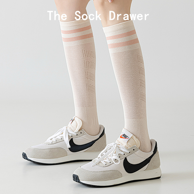 Professional Running Sports Socks for Women, Pressure Calf Socks, Two-Bar Long Tube Tennis Socks, Fitness Badminton Pure Cotton Socks