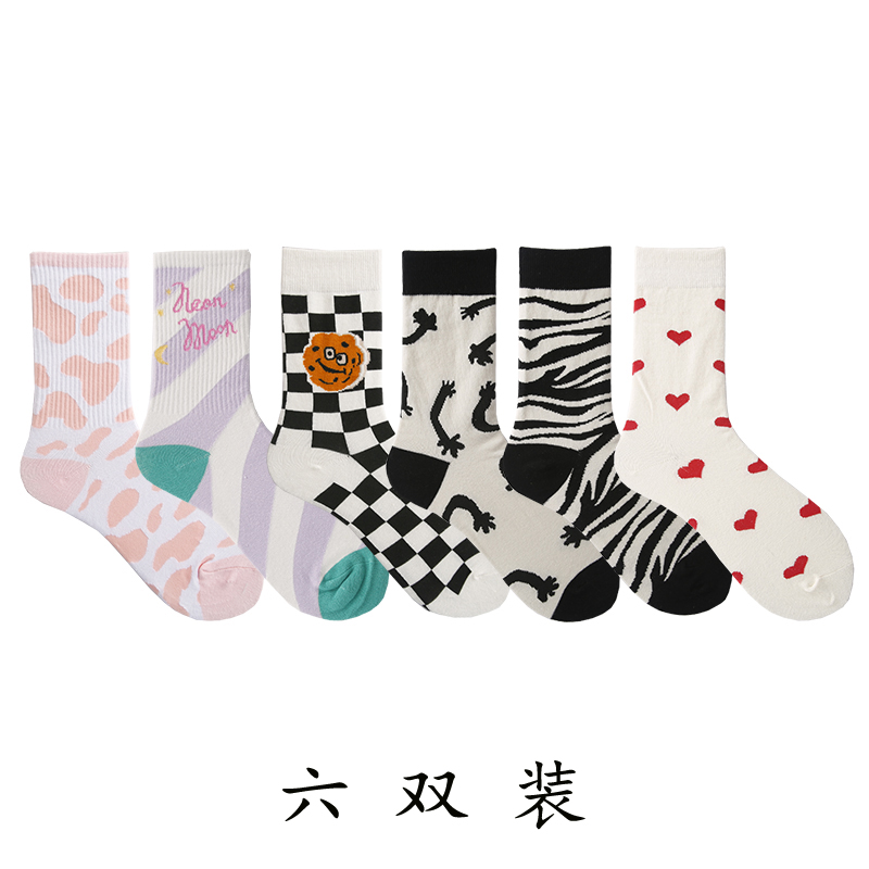 【X4】6 double Socks female Middle tube socks ins tide Internet celebrity street Medium and long term solar system Korean version Versatile Academic atmosphere Stockings female tide