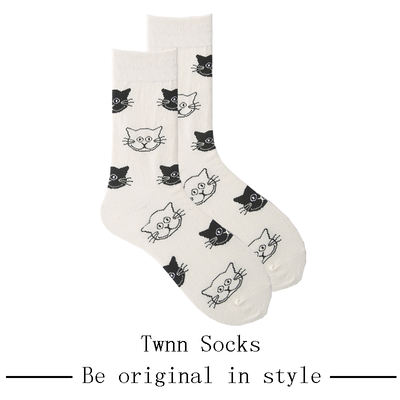 Twnn Socks Women's Spring and autumn pure cotton mid-calf socks, personalized and creative cartoon cat white long socks, trendy ins