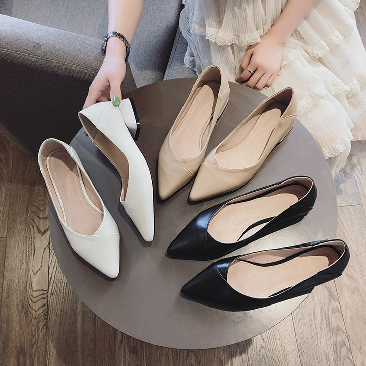 Tide brand leather shoes women 2023 spring new all-match thick heel shallow mouth Korean fashion mid-heel pointed high-heeled shoes