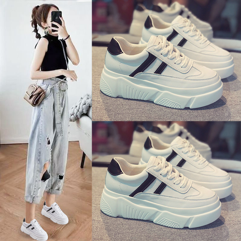 Tide brand leather white shoes women's 2022 spring new round head soft bottom thick bottom platform shoes to increase the height of the casual board shoes